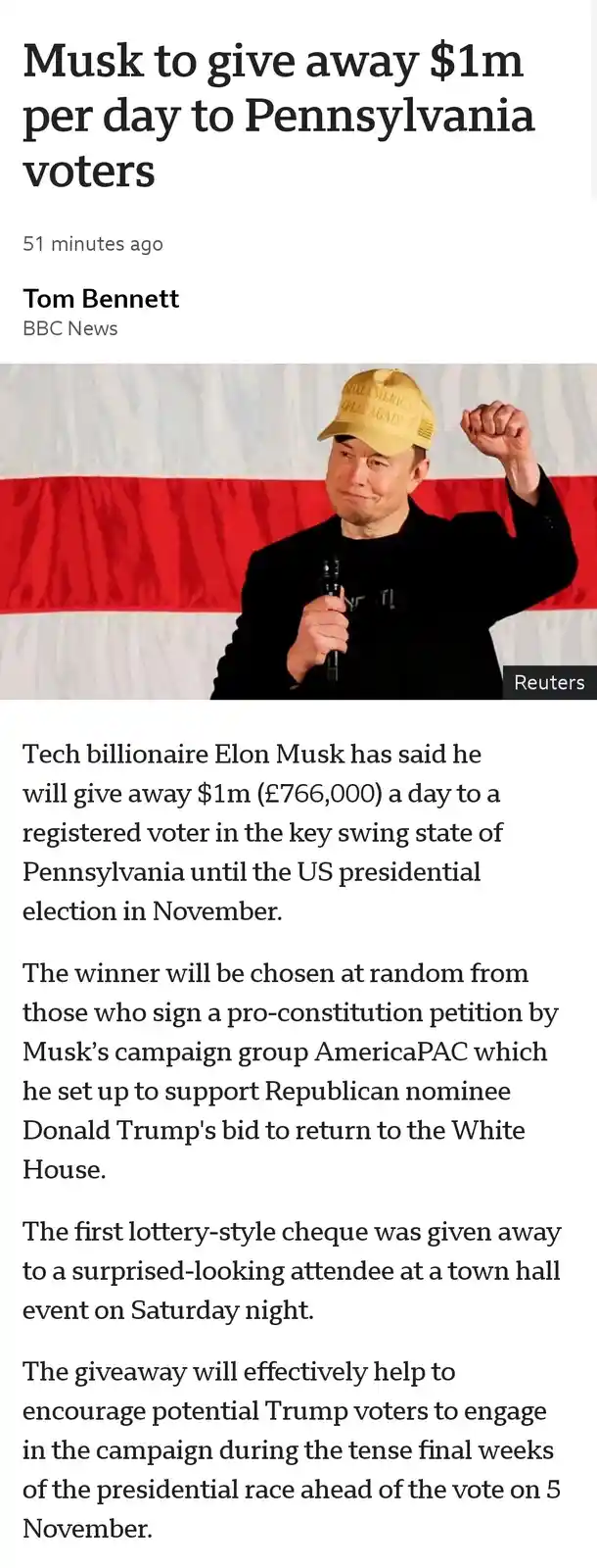 A screenshot of a BBC News article shows Elon Musk wearing a yellow 'Make America Great Again' cap, holding a microphone…