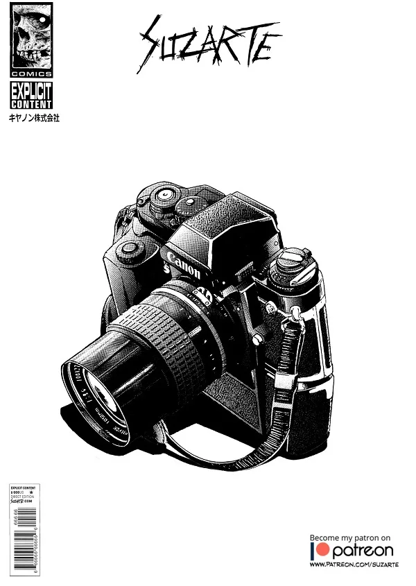 A black and white comic book cover illustration of a Canon DSLR camera, styled like a comic book with a skull logo…