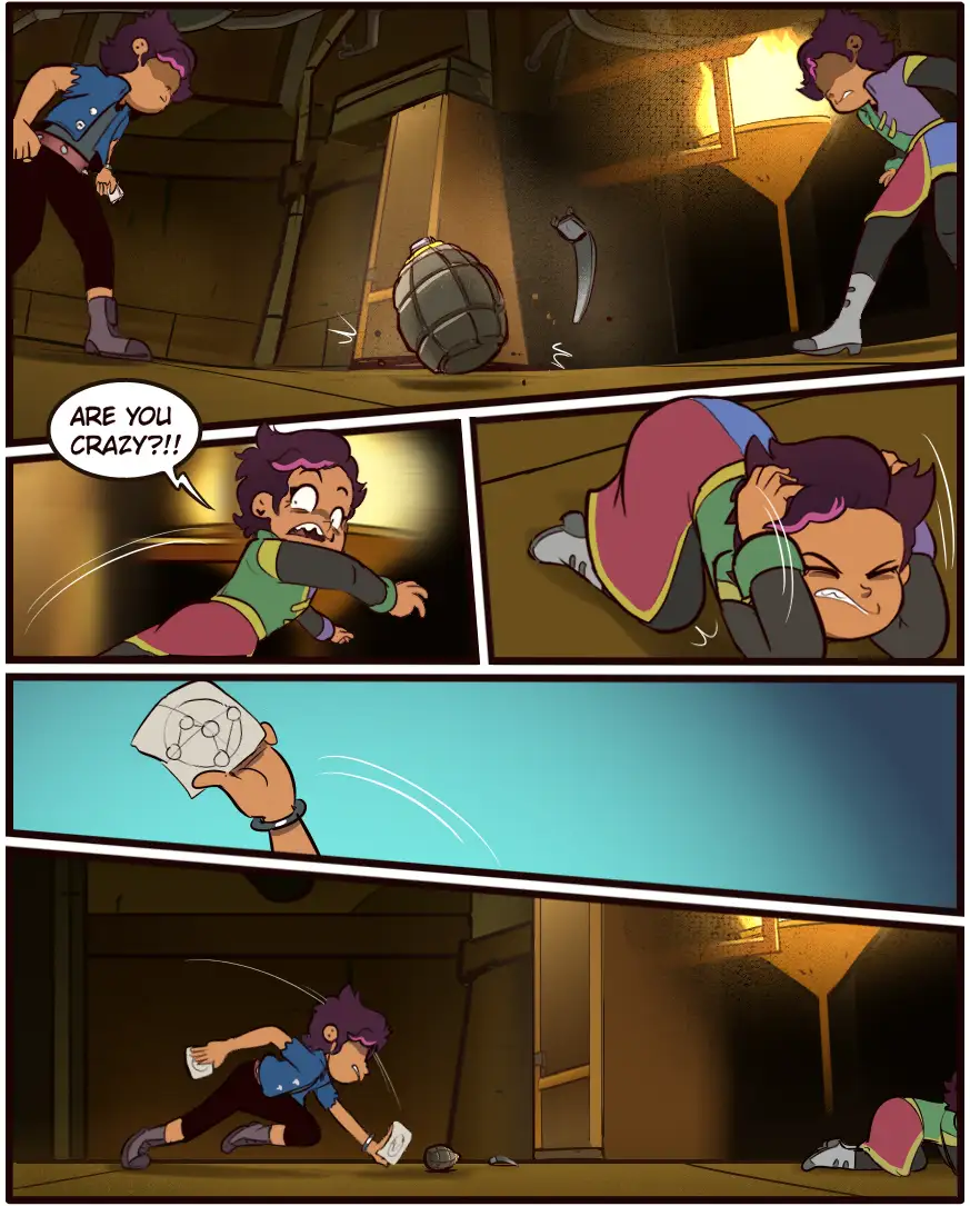 A comic strip shows a character dropping a grenade, then reacting in shock as another character falls unconscious. The next…