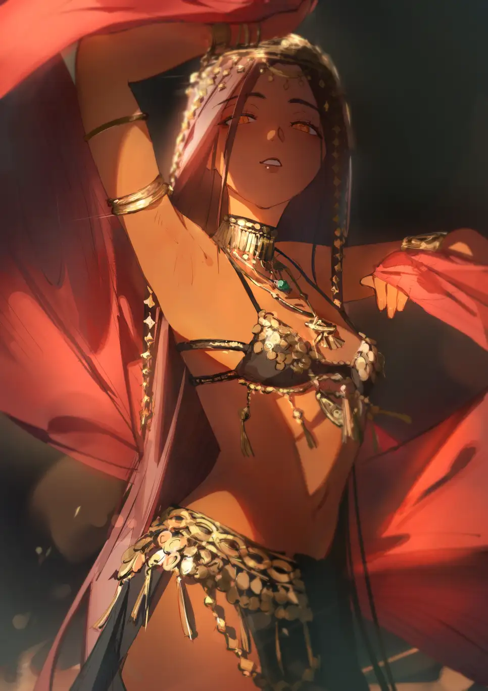 An anime-style illustration of a woman in ornate, gold-accented belly dance attire with flowing red fabric, looking upward…