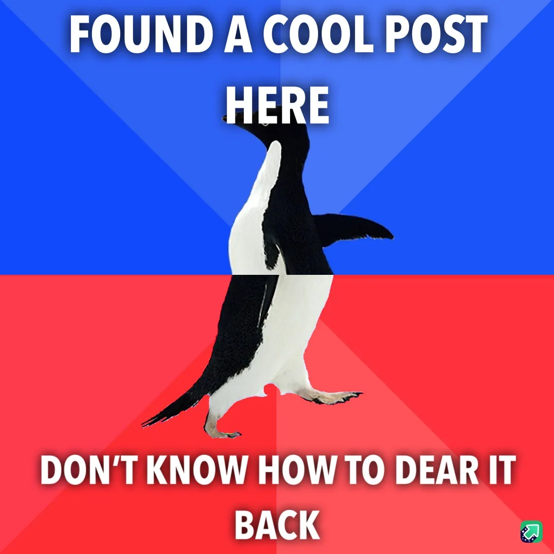 A black-and-white penguin stands upright against a blue and red background, with white text overlaid. The top text reads…