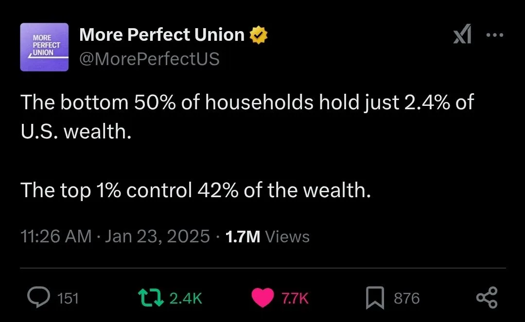 A screenshot of a tweet from the verified account 'More Perfect Union' (@MorePerfectUS) displaying stark statistics about…