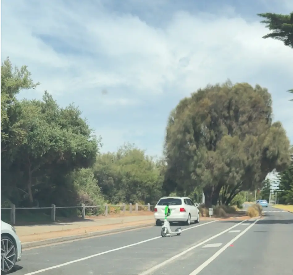A white car is driving on a road with trees and a fence on the side. A white scooter with a green logo is riding in the same…