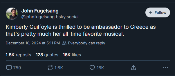 A screenshot of a social media post by John Fugelsang showing a tweet that reads 'Kimberly Guilfoyle is thrilled to be…