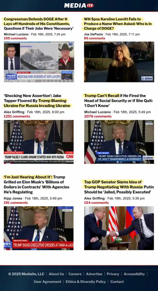A screenshot of a Mediaite news website displaying six fake headlines from February 18, 2025, all featuring Donald Trump and…