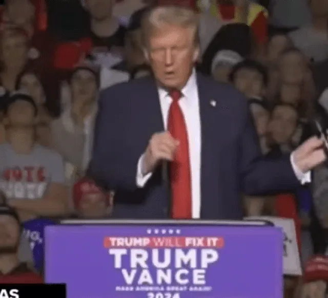 A six-panel image sequence shows Donald Trump at a campaign rally, wearing a dark suit and red tie, gesturing emphatically…