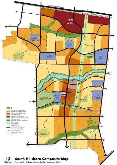 A colorful zoning map of South Hillsboro, Oregon, showing various land-use zones like residential, commercial, and…