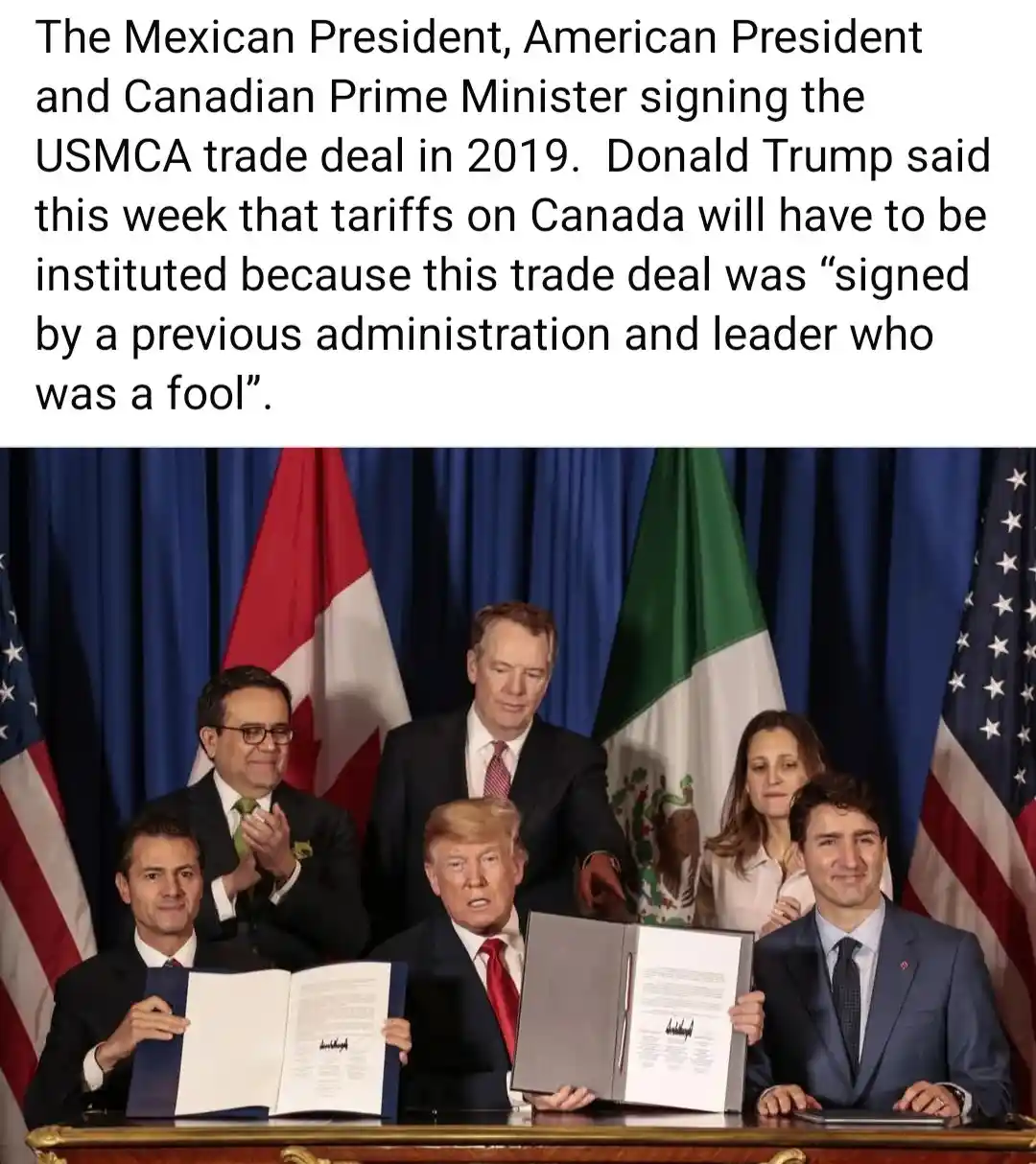 A photo of Donald Trump, Canadian Prime Minister Justin Trudeau, and Mexican President Andrés Manuel López Obrador signing…