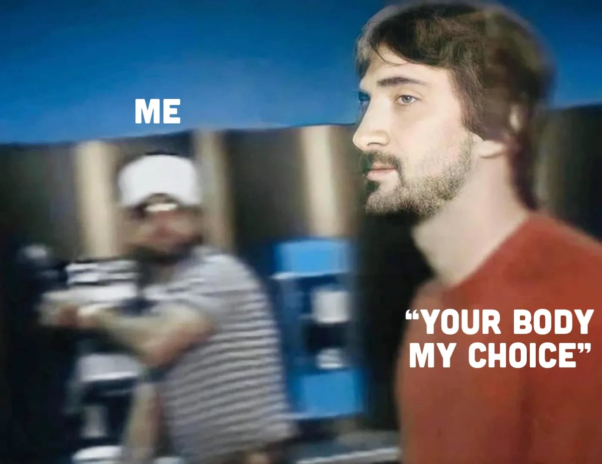 A split image shows a blurred man in a striped shirt and white cap labeled 'ME' in the background, while a sharply focused…