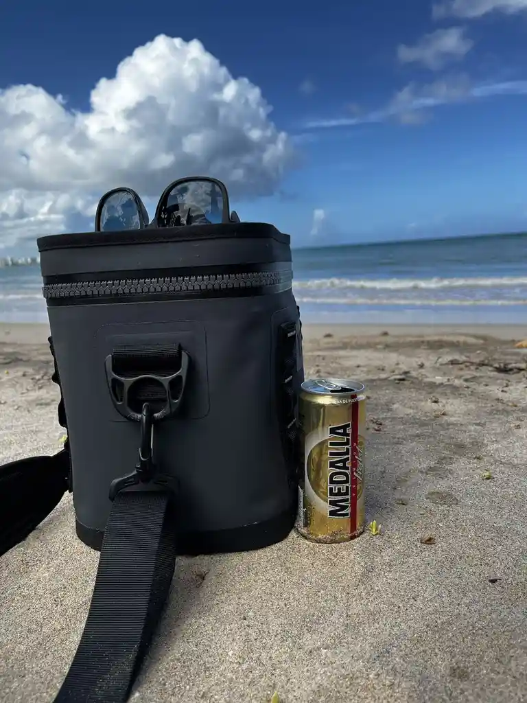 A black, zippered cooler bag sits on a sandy beach with ocean waves and a partly cloudy blue sky in the background. A gold…