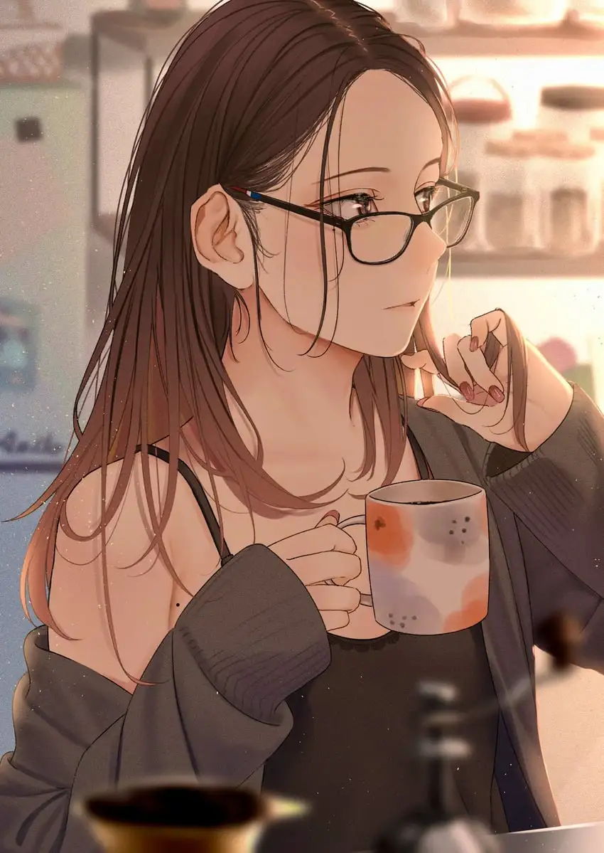 An anime-style illustration of a young woman with long brown hair and glasses, wearing a dark sweater over a tank top…