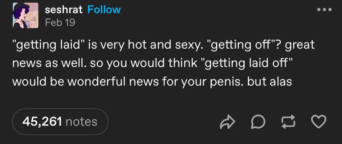 A screenshot of a Tumblr post by user 'seshrat' dated Feb 19, showing white text on a dark background. The text humorously…