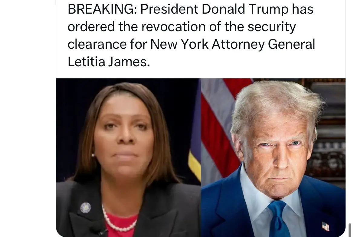 The image displays two side-by-side portraits: on the left, New York Attorney General Letitia James in professional attire…