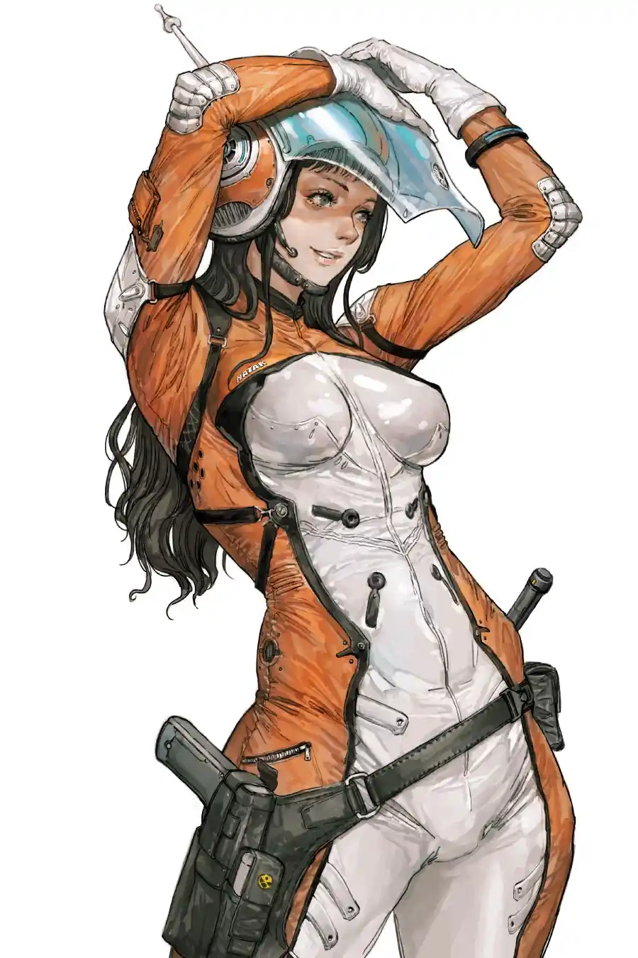 A female anime-style character in an orange and white flight suit with a helmet, smiling while lifting the helmet off her…