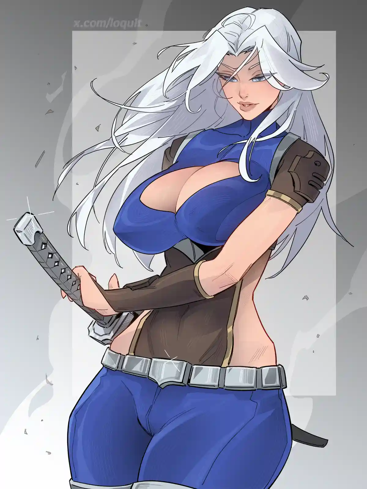 An anime-style illustration of a woman with long white hair, wearing a blue top and pants with brown arm guards and a silver…