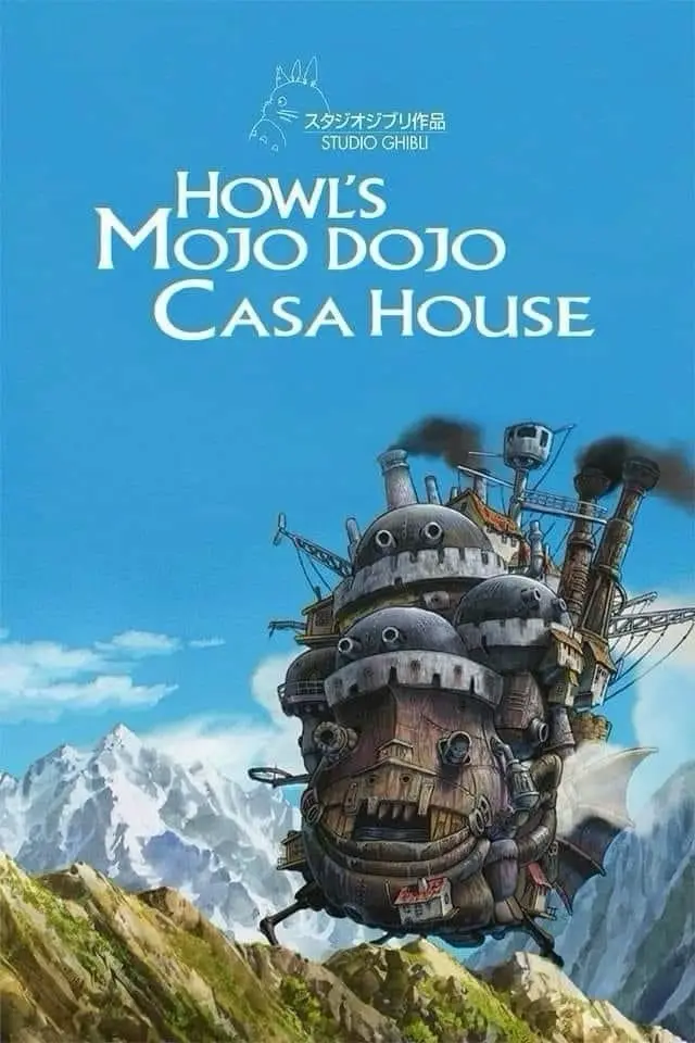 The image is a movie poster for Studio Ghibli's 'Howl's Moving Castle,' featuring the titular flying castle against a…