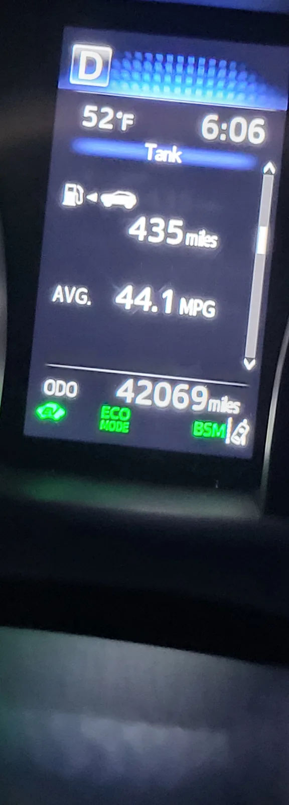 A car's digital dashboard displays a fuel range of 435 miles, an average fuel efficiency of 44.1 MPG, and an odometer…