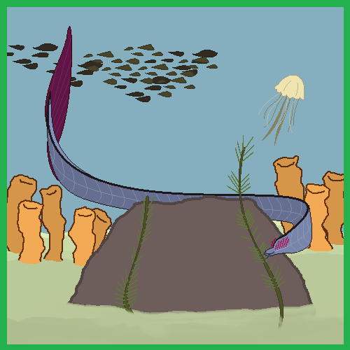 A cartoonish, pixelated underwater scene shows a long, blue, serpentine creature with a purple fin and a human-like face…