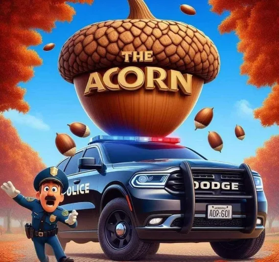 A cartoon police officer in a blue uniform stands beside a black Dodge police SUV with flashing lights, gesturing excitedly…