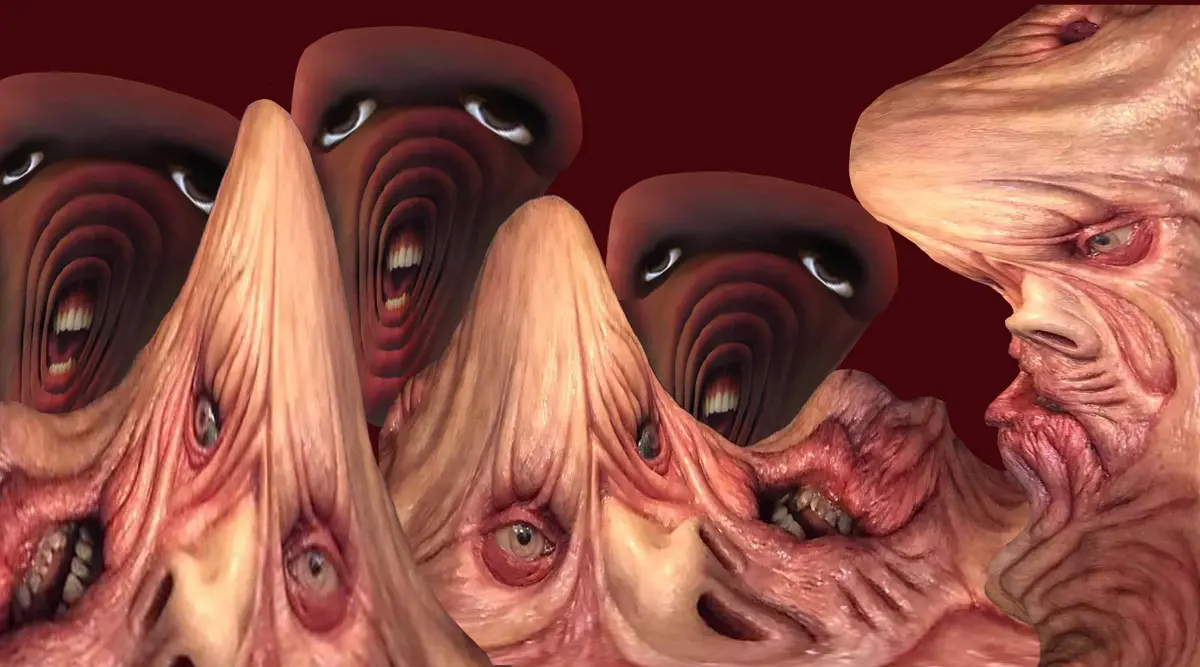 The image shows a surreal, grotesque collage of distorted, fleshy, monstrous faces with multiple eyes and mouths against a…