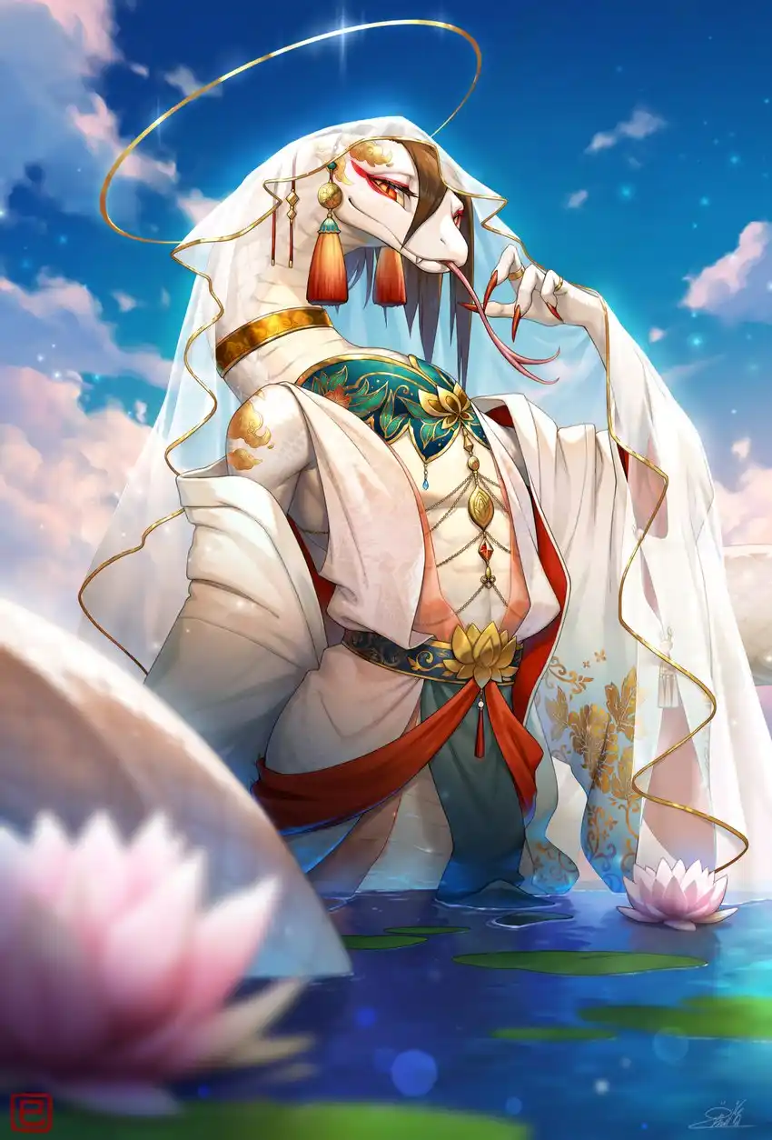 An anime-style illustration depicts a humanoid snake with a white veil, golden halo, and ornate robes standing in water with…
