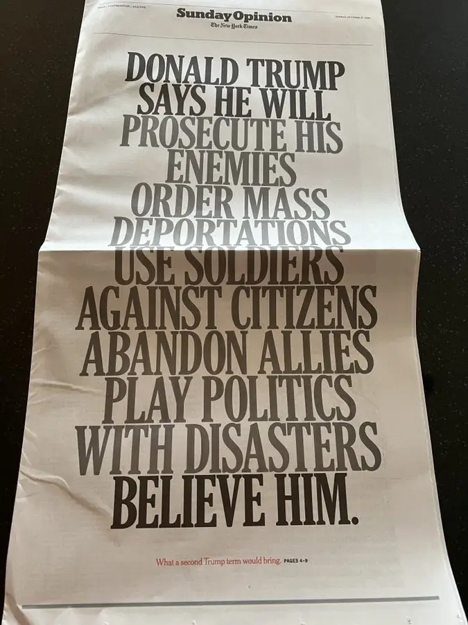 A folded newspaper clipping from The New York Times Sunday Opinion section, featuring large bold text listing extreme claims…