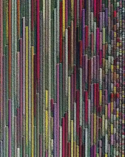 The image shows a colorful abstract pattern composed of vertical stripes in various hues including purple, red, green…