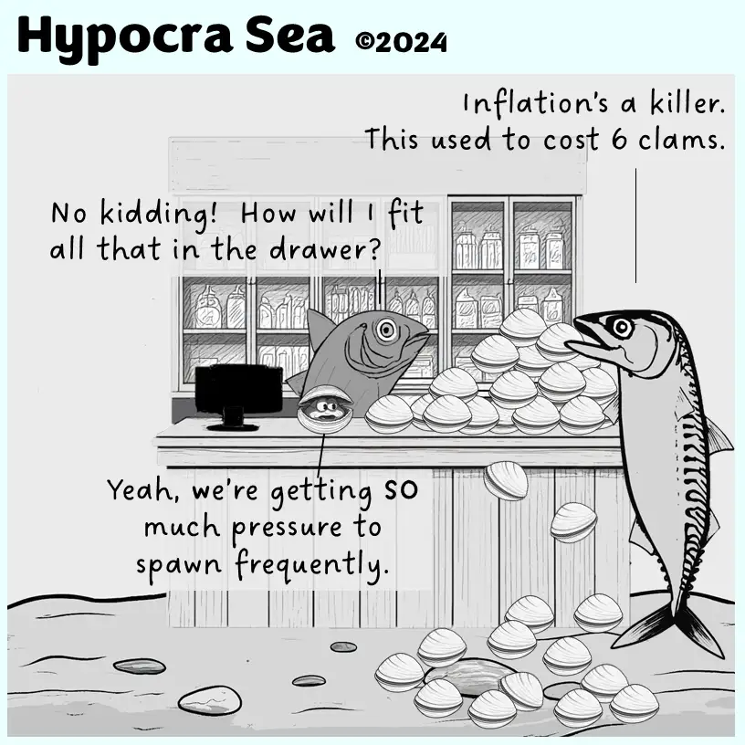 A black-and-white cartoon depicts two fish at a seafood counter overflowing with clams. One fish, behind the counter…