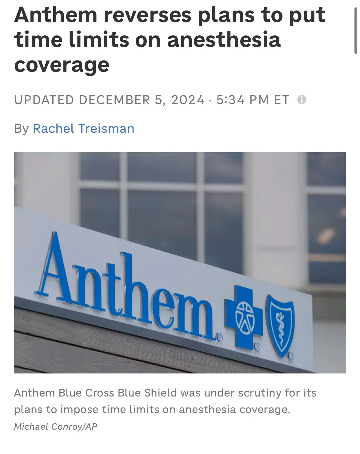 A screenshot of a news article shows a headline about Anthem reversing its plans to limit anesthesia coverage, with a photo…