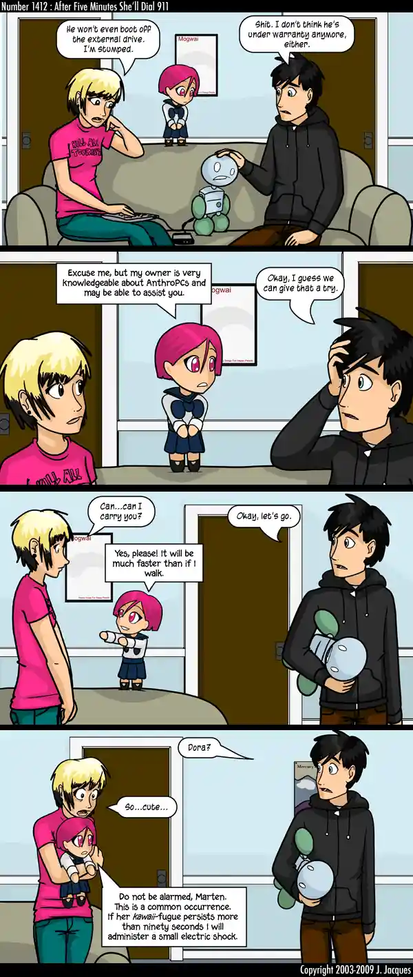 A four-panel comic strip shows two people struggling to fix a broken robot. A small pink-haired girl offers to carry the…