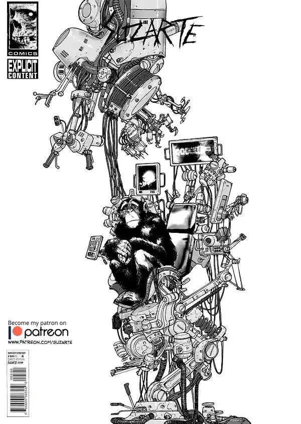 A black-and-white comic book cover art by Suzarte depicts a chimpanzee sitting in a chair, surrounded by and connected to an…