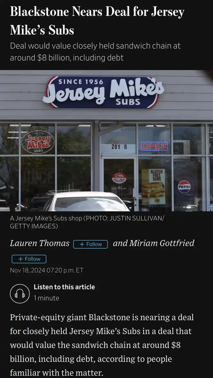 The image shows the exterior of a Jersey Mike's Subs restaurant with its sign reading 'SINCE 1956 Jersey Mike's SUBS'. The…