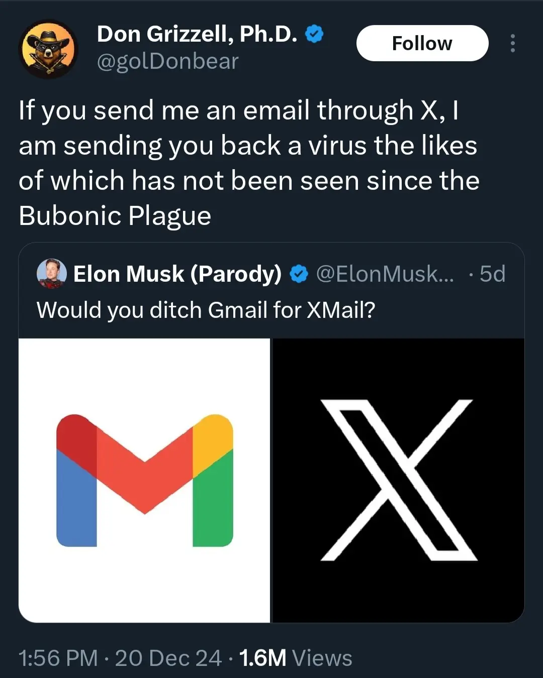 A screenshot of a Twitter thread shows a user named Don Grizzell, Ph.D. claiming to send back a plague-level virus if you…