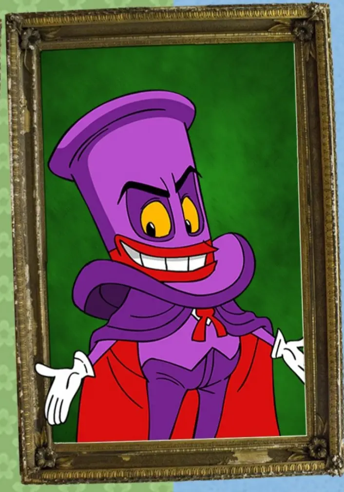 A framed portrait of the animated character Dr. Facilier, who has a purple top hat, a red cape, and a wide, toothy grin. He…