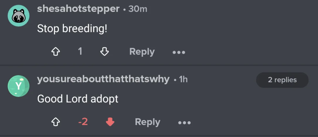 A screenshot of a Reddit comment thread shows a user named 'shesahotstepper' posting 'Stop breeding!' which received one…