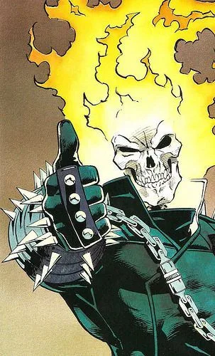 A comic book illustration of the character Ghost Rider, identifiable by his flaming skull and dark leather outfit with…