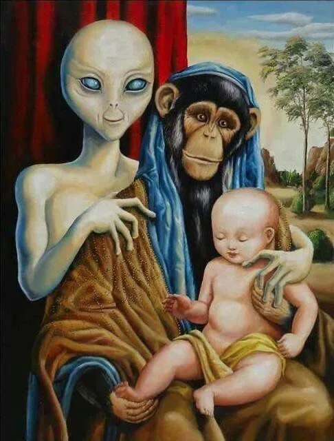 a classical-style painting depicts an alien with large blue eyes and a monkey wearing a blue headscarf, both holding a baby…
