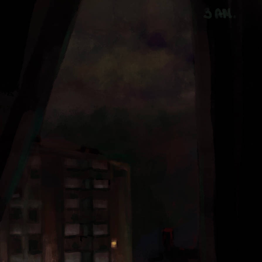 A dark, painterly image depicts a nighttime cityscape viewed from between two tall, shadowy structures, with a dimly lit…