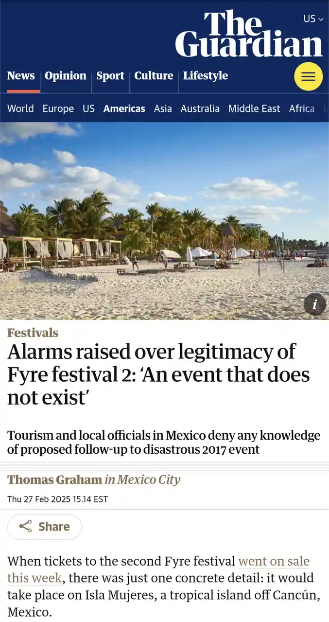 A screenshot of a The Guardian news article with a tropical beach photo, reporting that officials in Mexico deny any…