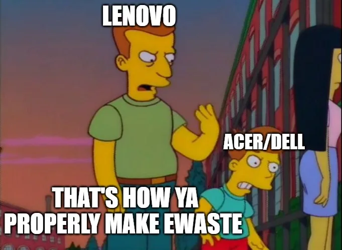 A still from The Simpsons shows a tall man labeled 'LENOVO' gesturing dismissively at a shorter boy labeled 'ACER/DELL'. The…