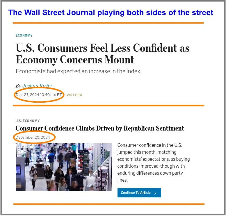 The image displays two adjacent Wall Street Journal articles side-by-side. The top article, dated December 23, 2024, has the…