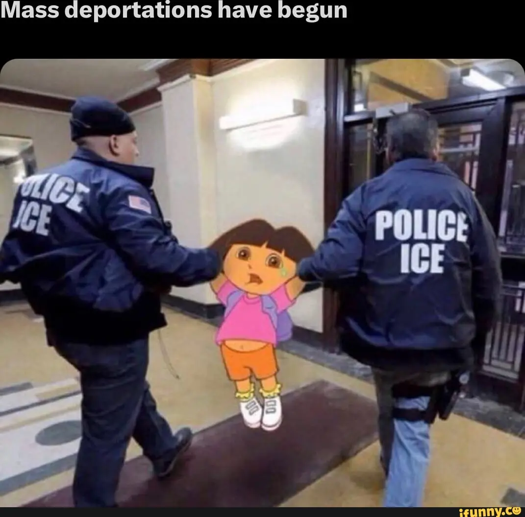 Two police officers wearing 'POLICE ICE' jackets are shown from behind, each holding the arms of a cartoon cutout of the…