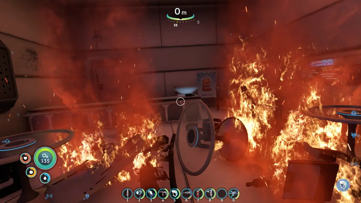A screenshot from the game Oxygen Not Included shows a room engulfed in flames, with UI elements like oxygen levels and a…