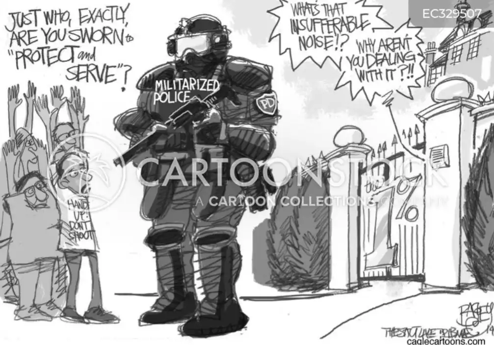 A cartoon depicts a heavily armed, militarized police officer standing before a gated mansion labeled '1%', while three…