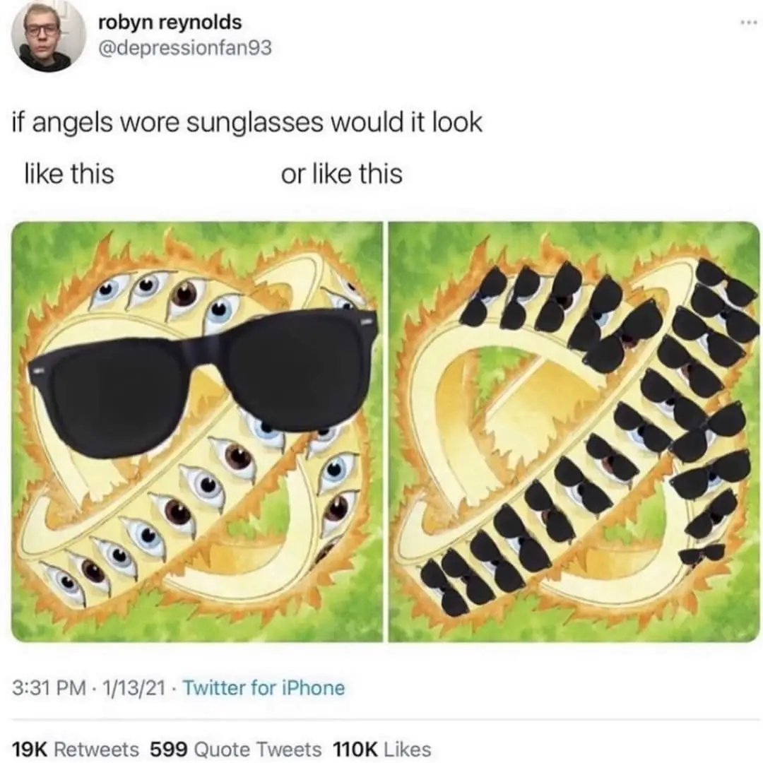 The image displays a tweet by Robyn Reynolds showing two side-by-side illustrations of a multi-eyed, golden, sun-like…
