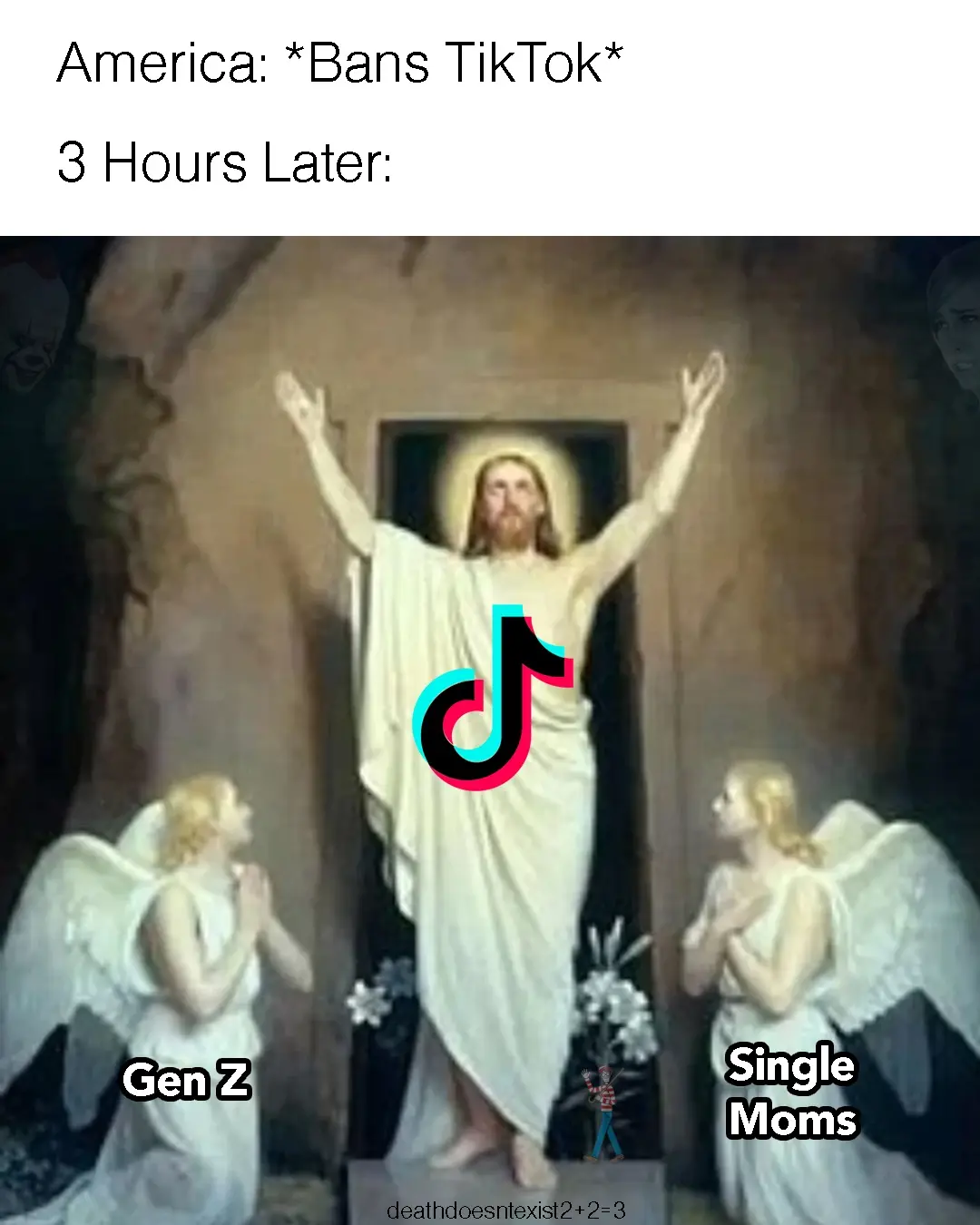 A classical painting depicts Jesus Christ emerging from a tomb with arms raised, overlaid with the TikTok logo. Two angels…