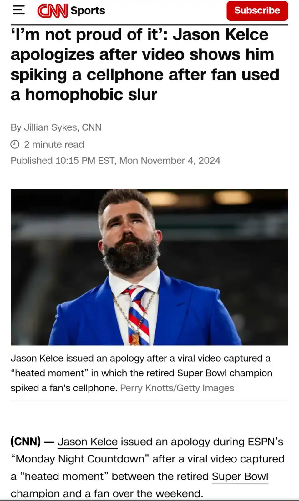 A screenshot of a CNN Sports article featuring a photo of Jason Kelce looking upward with a serious expression, wearing a…
