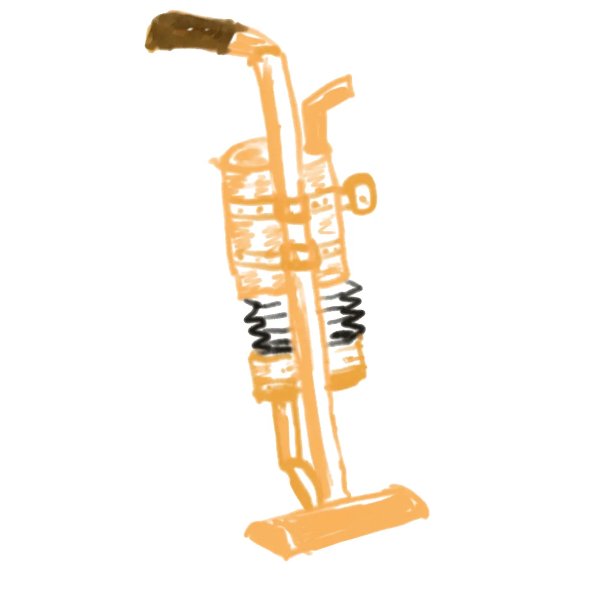 A hand-drawn, orange-colored vacuum cleaner with black springs on its midsection stands upright against a white background…