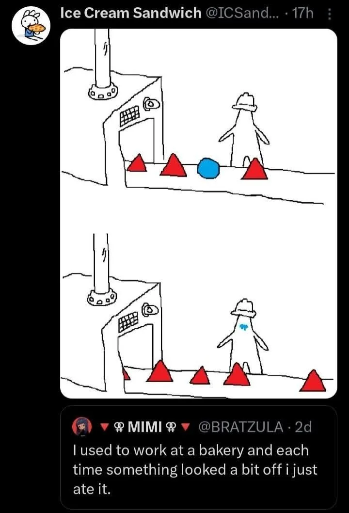 A two-panel comic shows a stick figure in a hat standing before a bakery. In the first panel, a blue ball sits among red…