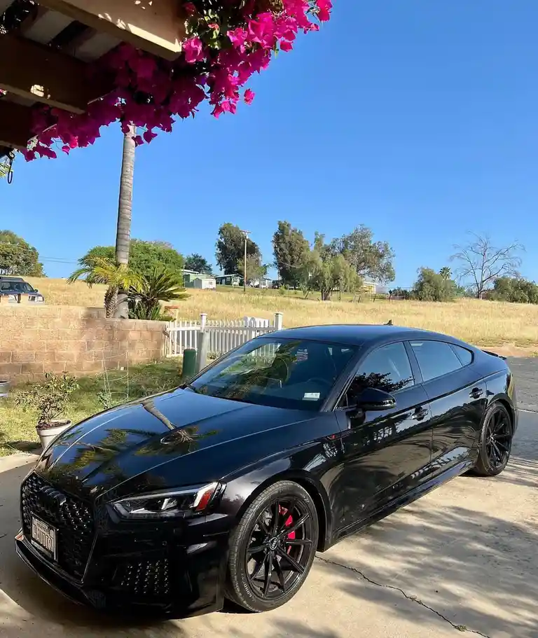 A glossy black Audi sedan is parked on a concrete driveway under a wooden eave adorned with vibrant pink bougainvillea…